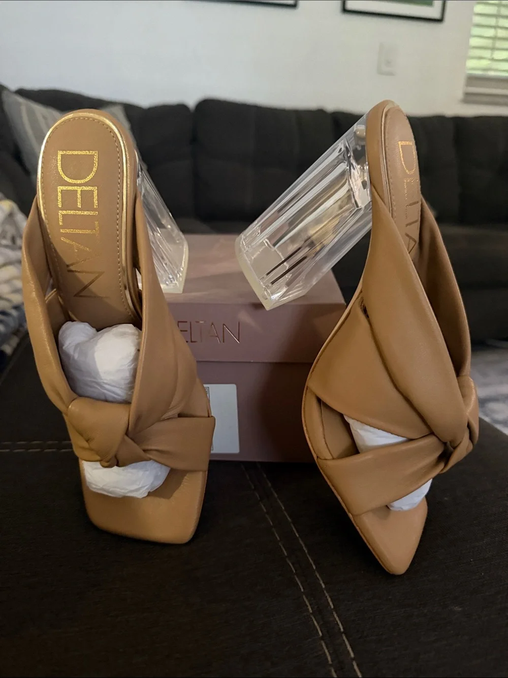 Deltan Tan Knotted Slide Heel with Clear Block